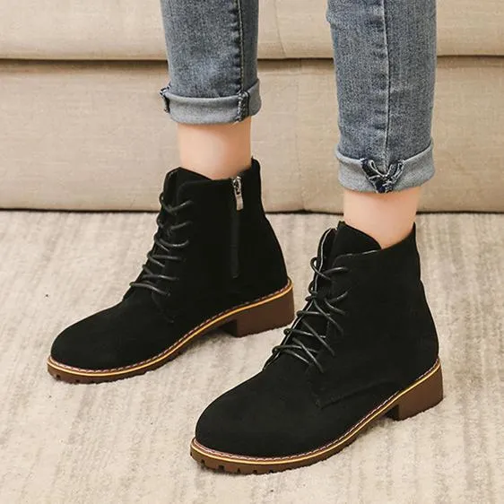 Women square chunky heel lace up ankle motorcycle boots