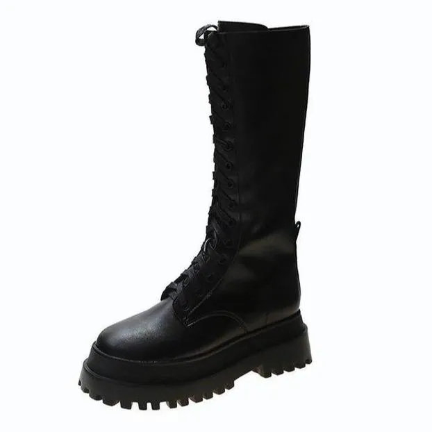 Women's black mid calf platform combat boots front lace-up motorcycle boots with zipper