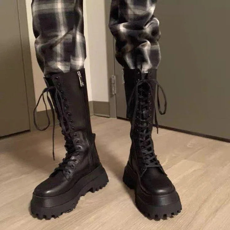 Women's black mid calf platform combat boots front lace-up motorcycle boots with zipper