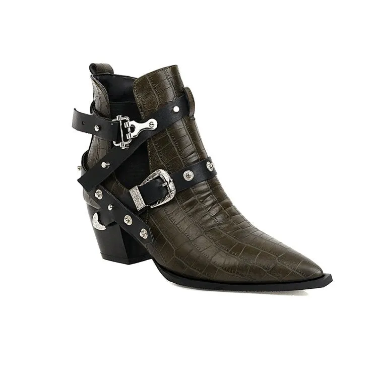 Women's Crocodile Pattern Pointed Toe Buckles Belts Rivets Block Heel Short Boots