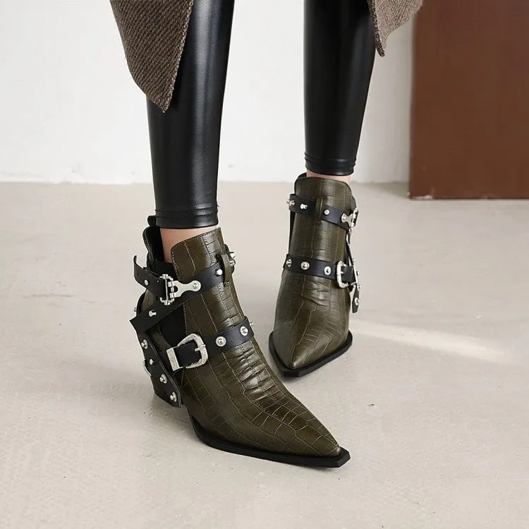 Women's Crocodile Pattern Pointed Toe Buckles Belts Rivets Block Heel Short Boots