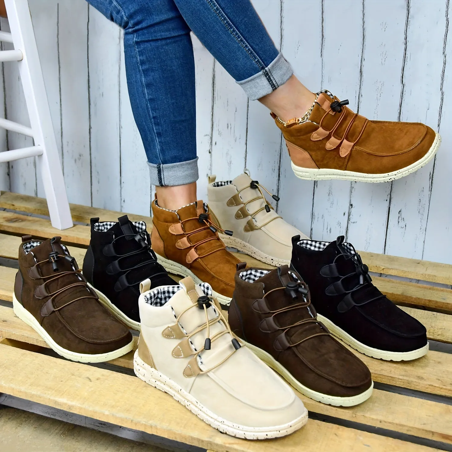 Women's High Top Sneaker Boots, Comfortable Round Toe Drawstring Shoes, Casual Warm Short Boots