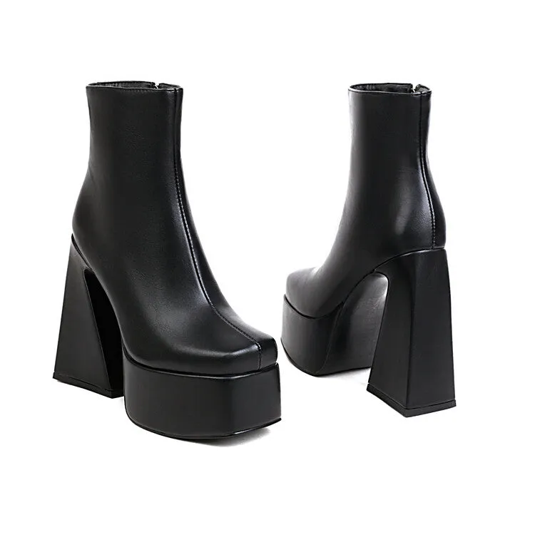 Women's Pu Leather Square Toe Side Zippers Triangle Heel Platform Ankle Boots