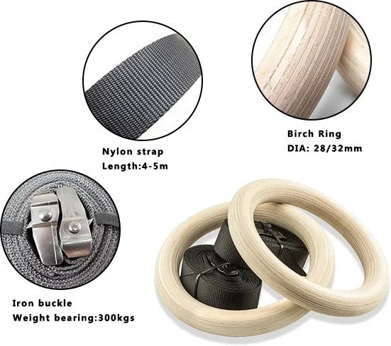 Workout Wood Gymnastic Pull Up Rings |15Ft Adjustable Straps |Non-Slip 32 Mm For