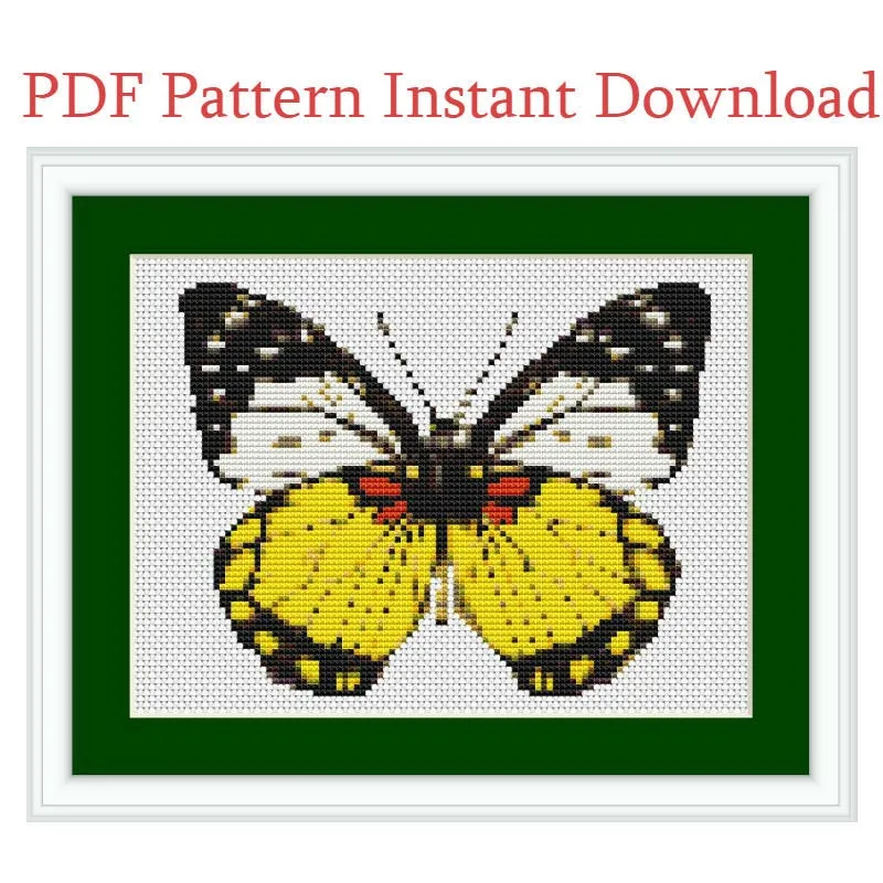 Yellow Butterfly Cross Stitch Pattern, Modern Animal Embroidery PDF Instant Download,