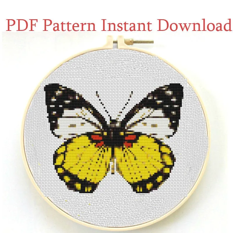 Yellow Butterfly Cross Stitch Pattern, Modern Animal Embroidery PDF Instant Download,